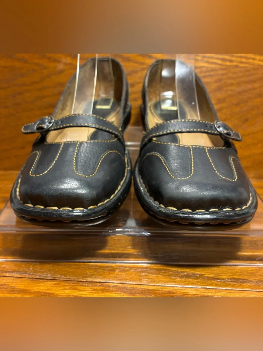VTG 90s Y2K Born Leather Mary Jane Contrast Stitch Square Toe Flats Black Size 6